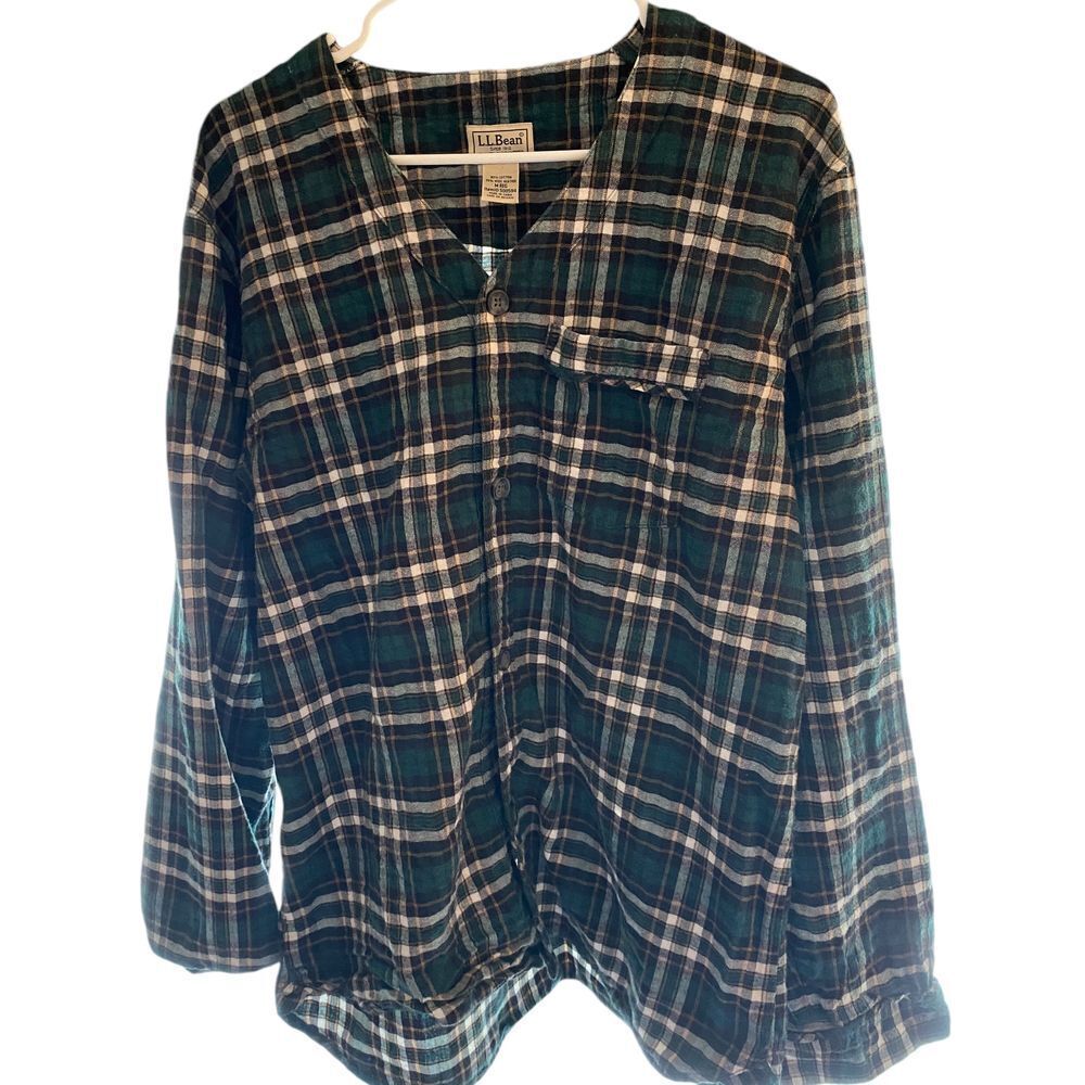 L.L.Bean Classic Green Plaid Flannel‎ Shirt Cozy Button-Up V-Neck